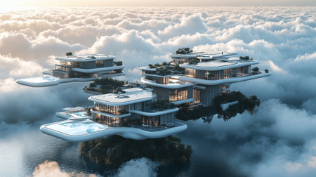 3d render of modern house on the top of the clouds.