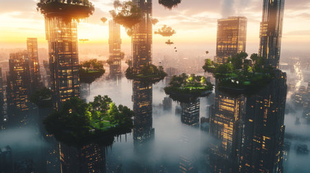 3D render of a futuristic city with skyscrapers at sunset