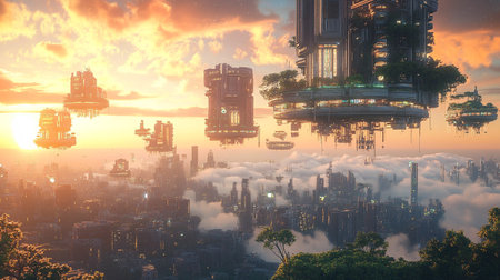 Futuristic city in the sky. 3D rendering illustration.