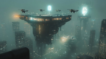 3d rendering of a futuristic city in the fog. Futuristic city
