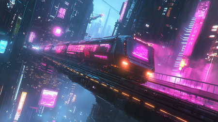 High speed train in a futuristic city at night. 3D rendering