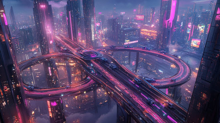 Shanghai city night view with skyscrapers and highway.