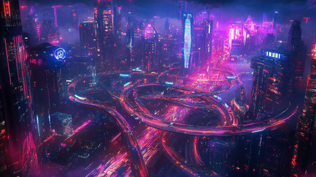 Futuristic city at night with neon lights and moving cars.の写真素材