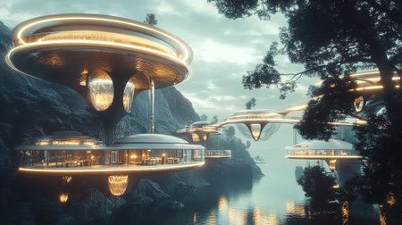 Futuristic flying saucer in the sky. 3d renderingの写真素材