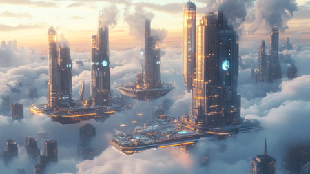 Futuristic city in the clouds. 3d render illustration.