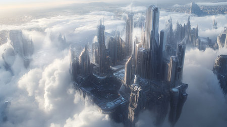 Aerial view of skyscrapers in the fog. 3d rendering