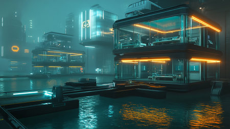 Futuristic city in the fog. Futuristic city. 3D rendering