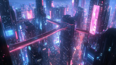 3D illustration of futuristic city with glowing neon lights in the nightの写真素材