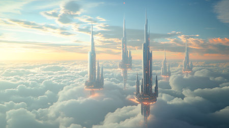 Futuristic city in the clouds. 3d render illustration.のeditorial素材
