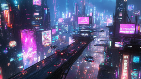 Night cityscape with skyscrapers and cars. 3d renderingのeditorial素材