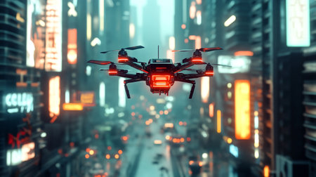 Drone with digital camera flying in the city. 3d rendering