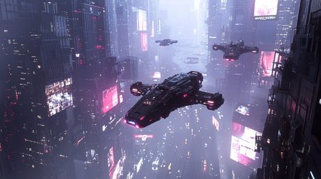 Futuristic spaceship flying in the night city. 3D rendering