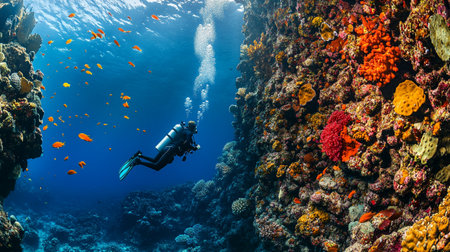 Scuba diver exploring a colorful tropical coral reef in the Red Sea