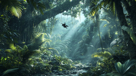 Fantasy jungle scene with man flying in the jungle. 3d rendering