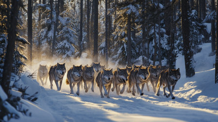 Huskies running in the winter forest.