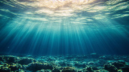Underwater view of the coral reef with sunlight and rays of light