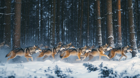 Wolves running in the winter forest. Canis lupus.