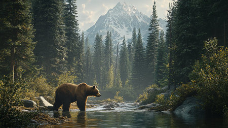 Brown bear on the background of a mountain river. The concept of wild nature.の写真素材