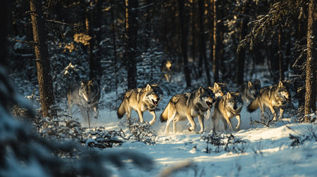 Wolves running in the winter forest. Canis lupusの写真素材