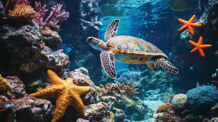 Green sea turtle swimming in aquarium with corals and starfish.の写真素材
