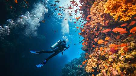 Scuba diver swimming over a coral reef in the Red Sea.の写真素材