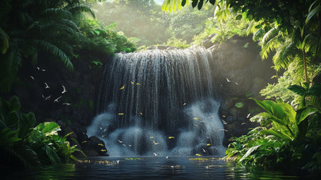 Beautiful waterfall in the tropical forest. 3d render illustration.の写真素材