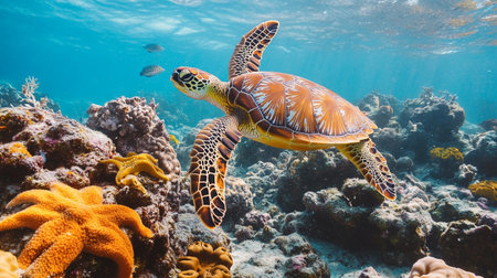 Hawaiian Green Sea Turtle (Eretmochelys imbricata) on a coral reefの写真素材