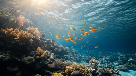 Underwater view of coral reef and tropical fish. Tropical underwater background