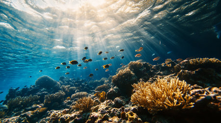 Underwater view of a tropical coral reef with fish and rays of sunlight