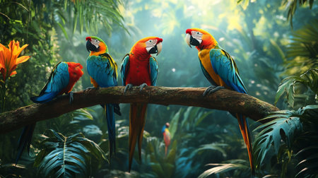Colorful macaws sitting on branch in tropical forest. Colorful macaws.