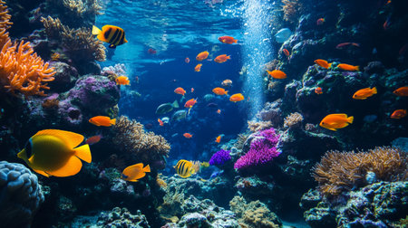 Underwater scene with corals and tropical fish in the ocean.