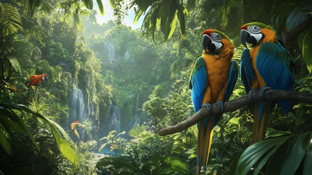 Beautiful macaw parrots in the tropical forest. Nature background