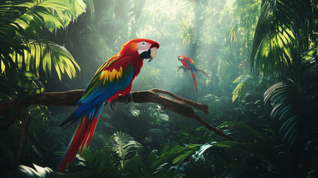 Beautiful macaw in the jungle. 3d rendering. Computer digital drawing.の写真素材