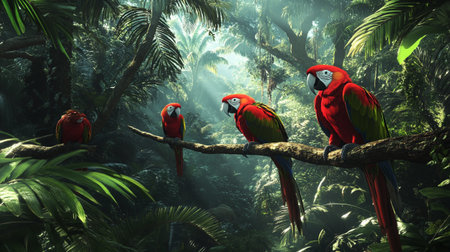3d render of red parrots on a branch in the jungle