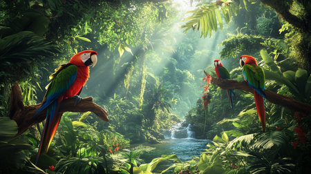beautiful macaws in the jungle. 3d render, illustrationの写真素材