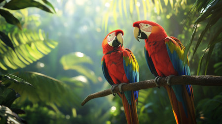 beautiful Scarlet macaws sitting on a branch in the tropical forest