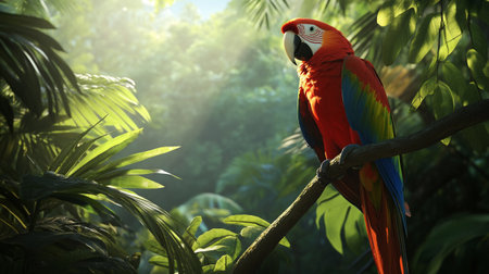 Scarlet macaw on a branch in the jungle. Animal in the nature.の写真素材