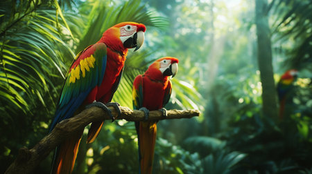 Beautiful macaw parrots in the tropical forest, nature backgroundの写真素材