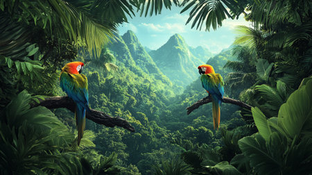 Parrots sitting on a branch in the jungle. 3d rendering
