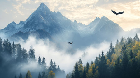 Mountain landscape with coniferous forest and flying vultures