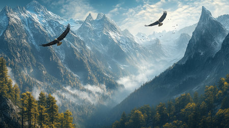 Beautiful mountain landscape with a bird flying in the sky. 3d rendering