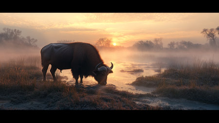 Buffalo grazing in the mist at sunrise. 3D render.