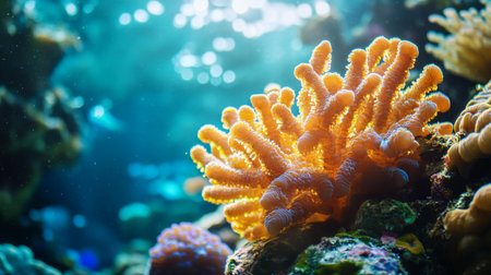Beautiful yellow coral in the aquarium. Underwater world. Marine life.