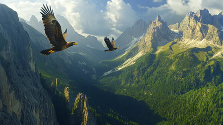 Beautiful alpine landscape with mountains and eagle. 3d renderingの写真素材