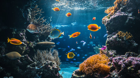 Underwater view of coral reef with tropical fish and corals.
