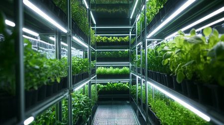 Organic hydroponic vegetable growing in glasshouse with LED lights