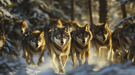 Group of wolves in winter forest. Canis lupus.