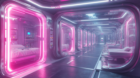 3D rendering of a futuristic corridor with neon lights in the background