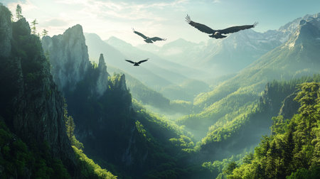 Beautiful mountain landscape with flying vultures in the morning light