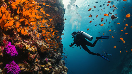 Scuba diver swimming over a tropical coral reef in the Red Sea.